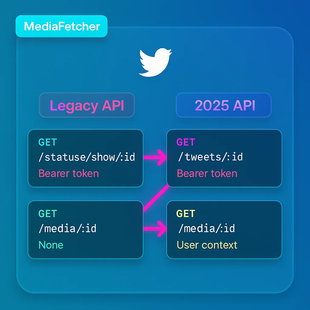 Diagram comparing Twitter video download process before and after 2025 API changes
