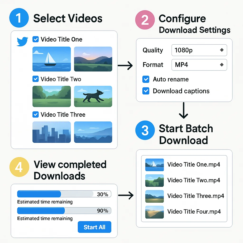 MediaFetcher batch download interface showing multiple videos being processed