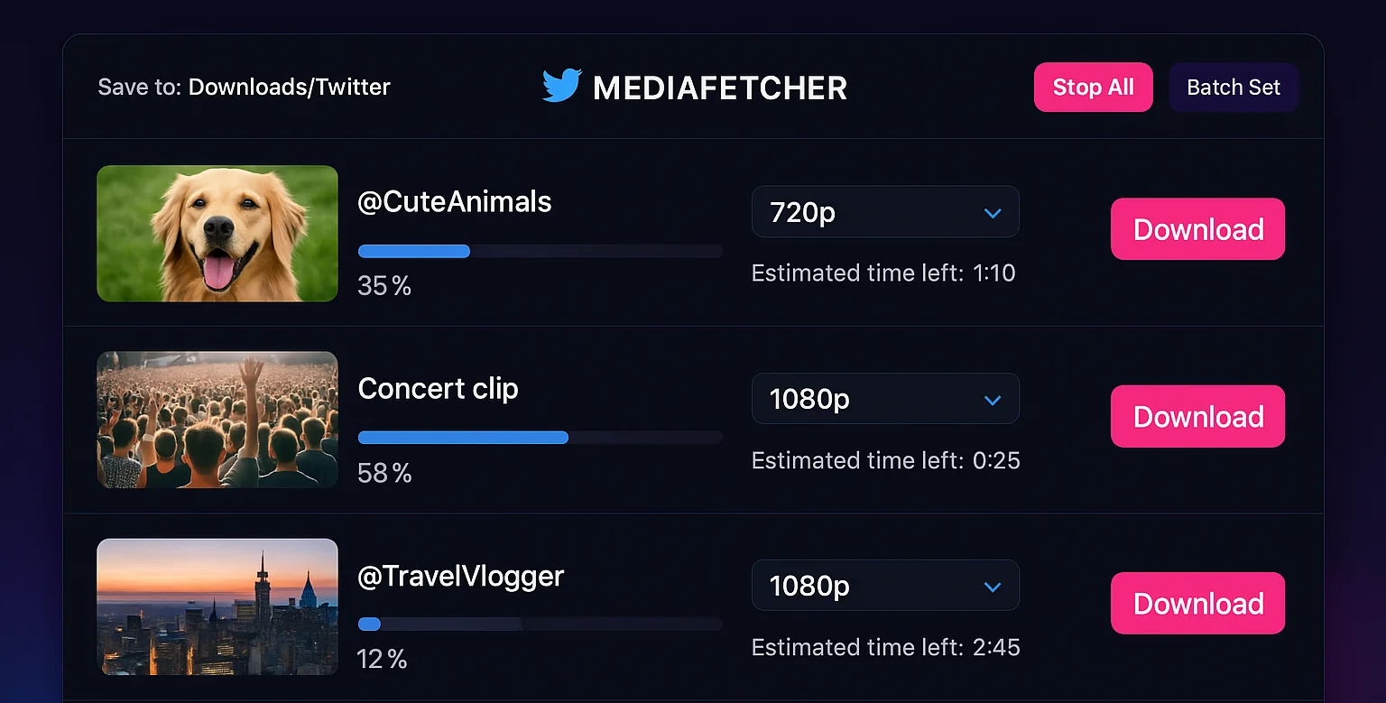 Interface showing multiple Twitter videos being downloaded simultaneously in a batch processing queue