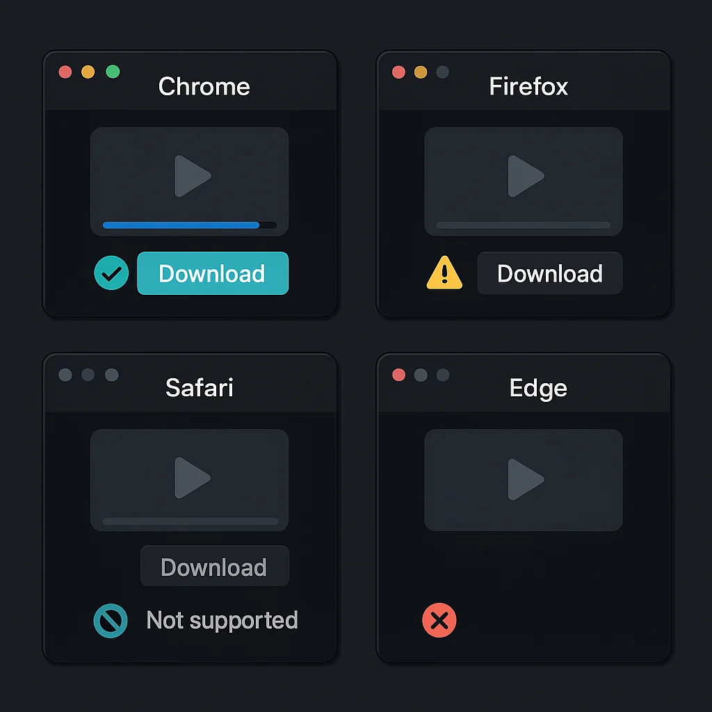 Multiple web browser icons showing compatibility issues and error messages for video downloading across different browsers