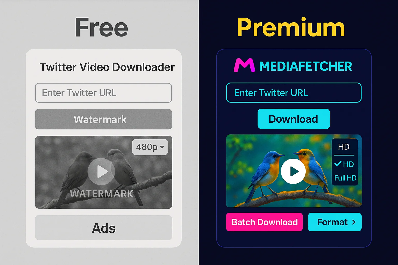 Side-by-side comparison illustration of free versus premium Twitter video downloader features and capabilities