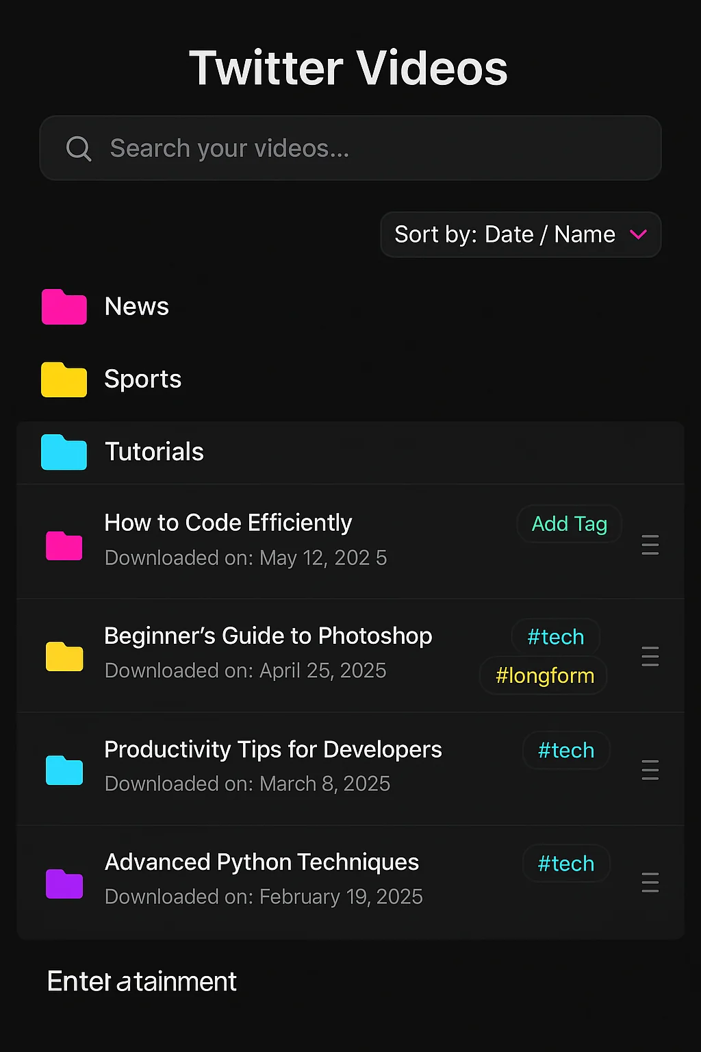 File organization system showing well-structured folders, naming conventions, and categorization methods for downloaded Twitter videos
